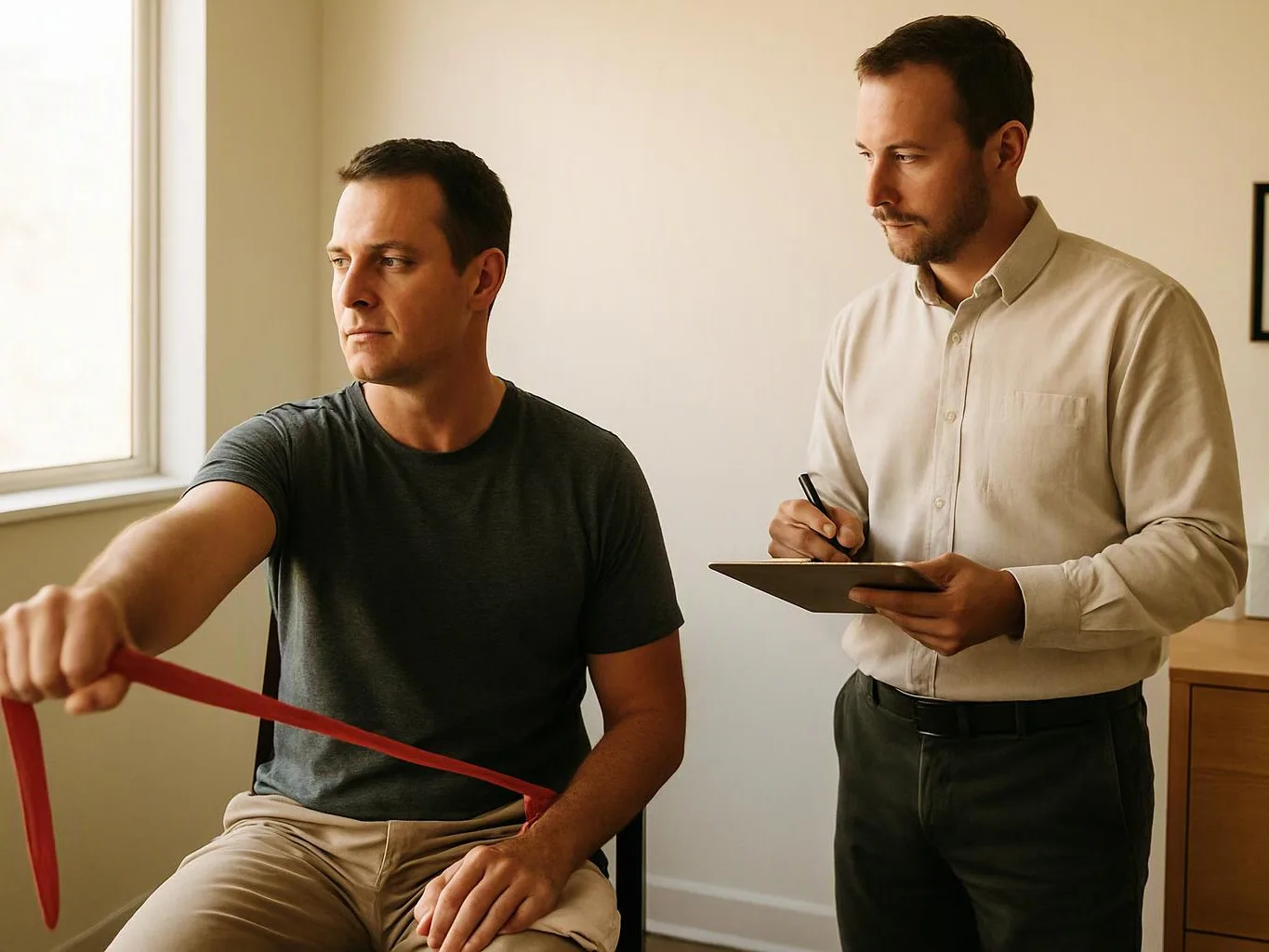 A man sits holding a red resistance band while another man writes on a clipboard beside him