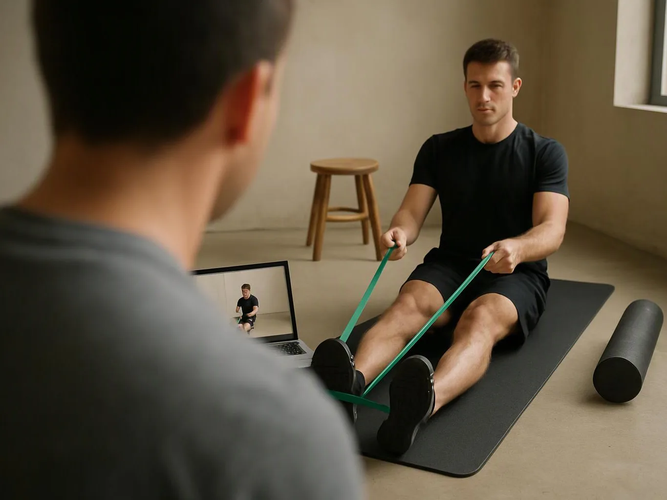 A man sits on a yoga mat doing banded leg exercises while another watches a laptop in a sparse room
