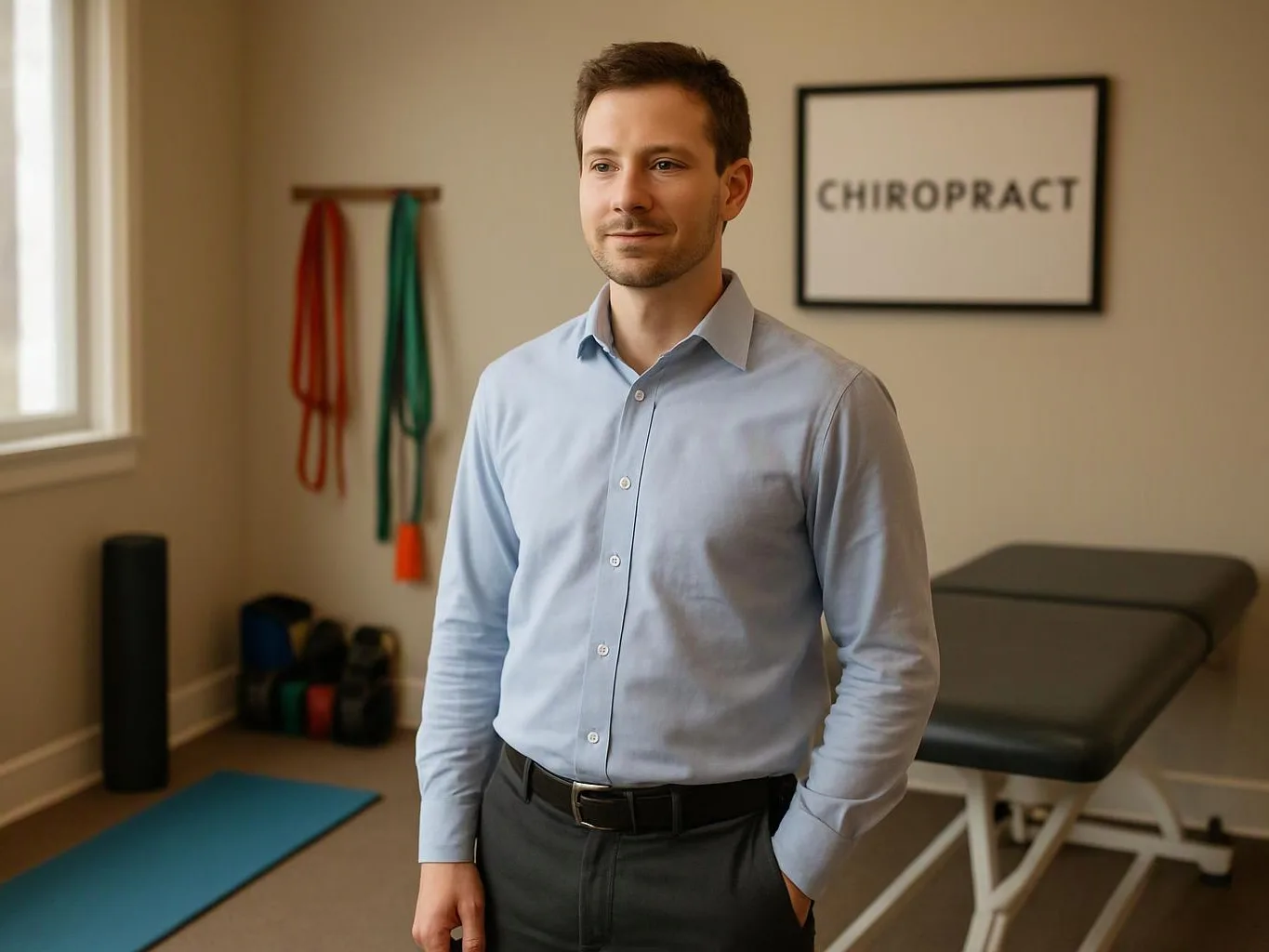 A man stands in a chiropractic treatment room beside an exam table, exercise bands, and a yoga mat