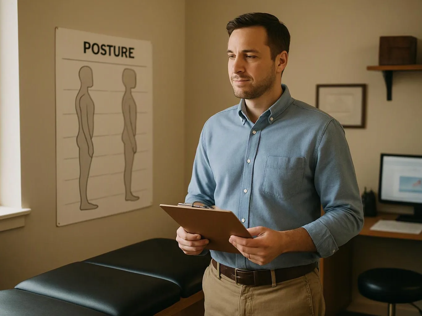A man stands in a clinic room holding a clipboard beside a posture chart and exam table