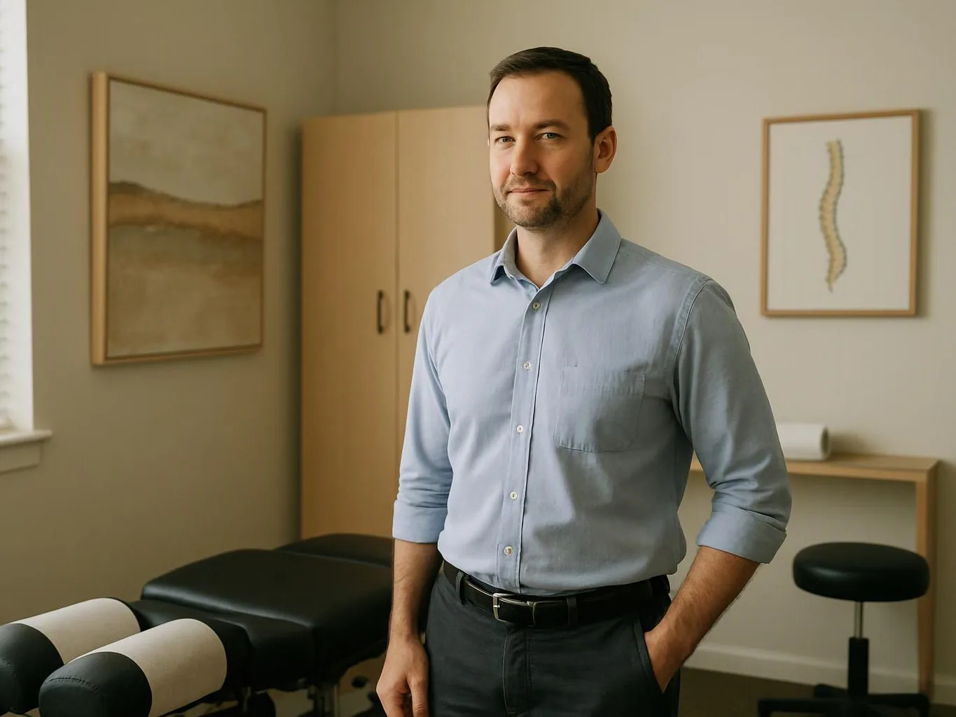 A man stands in a tidy exam room beside a padded table, framed art, and a stool