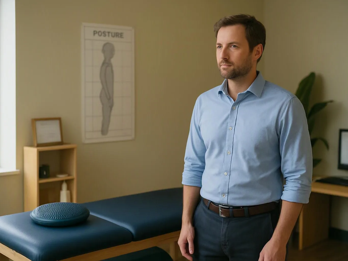 A man stands in a treatment room beside a padded exam table, with a posture poster on the wall
