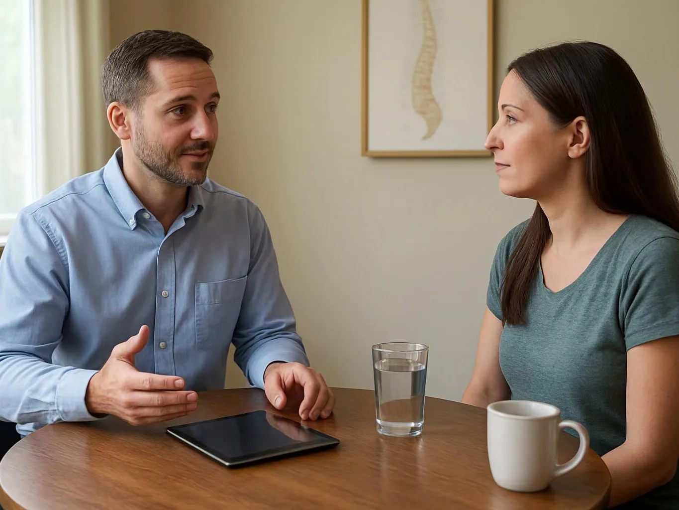 A man talks to a woman across a table with a tablet, a glass of water, and a mug