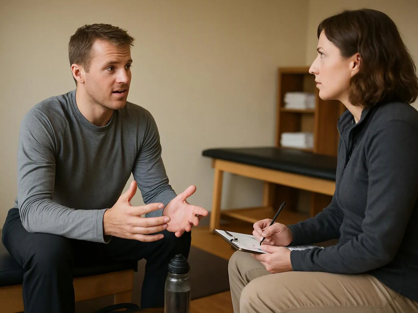 A man talks with a woman taking notes on a clipboard in a quiet room