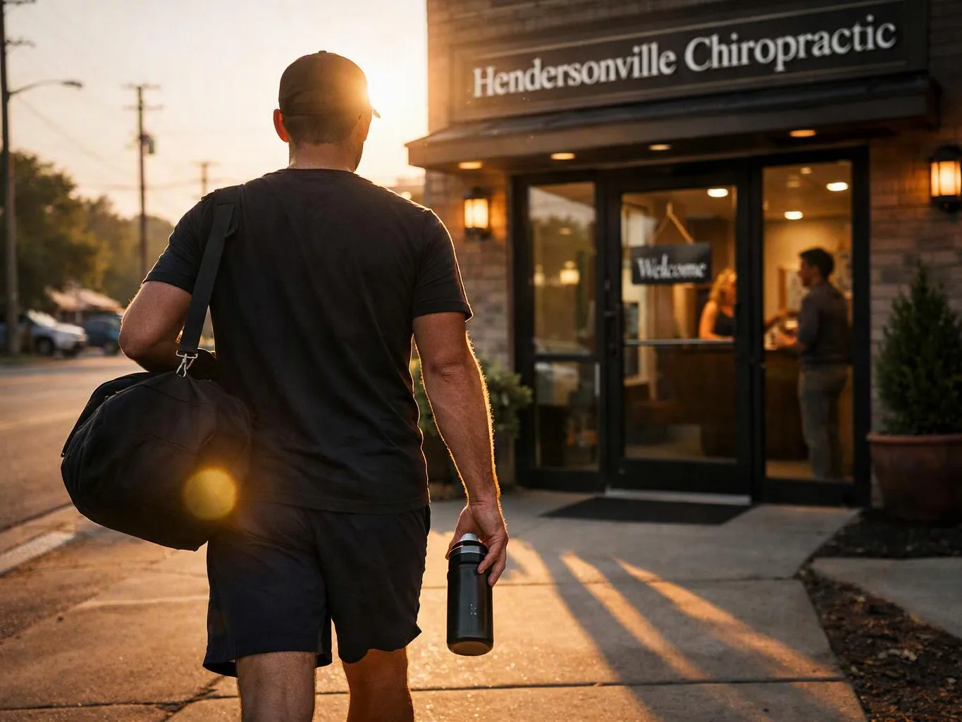 A man walks toward a clinic entrance at sunset, carrying a gym bag and a water bottle