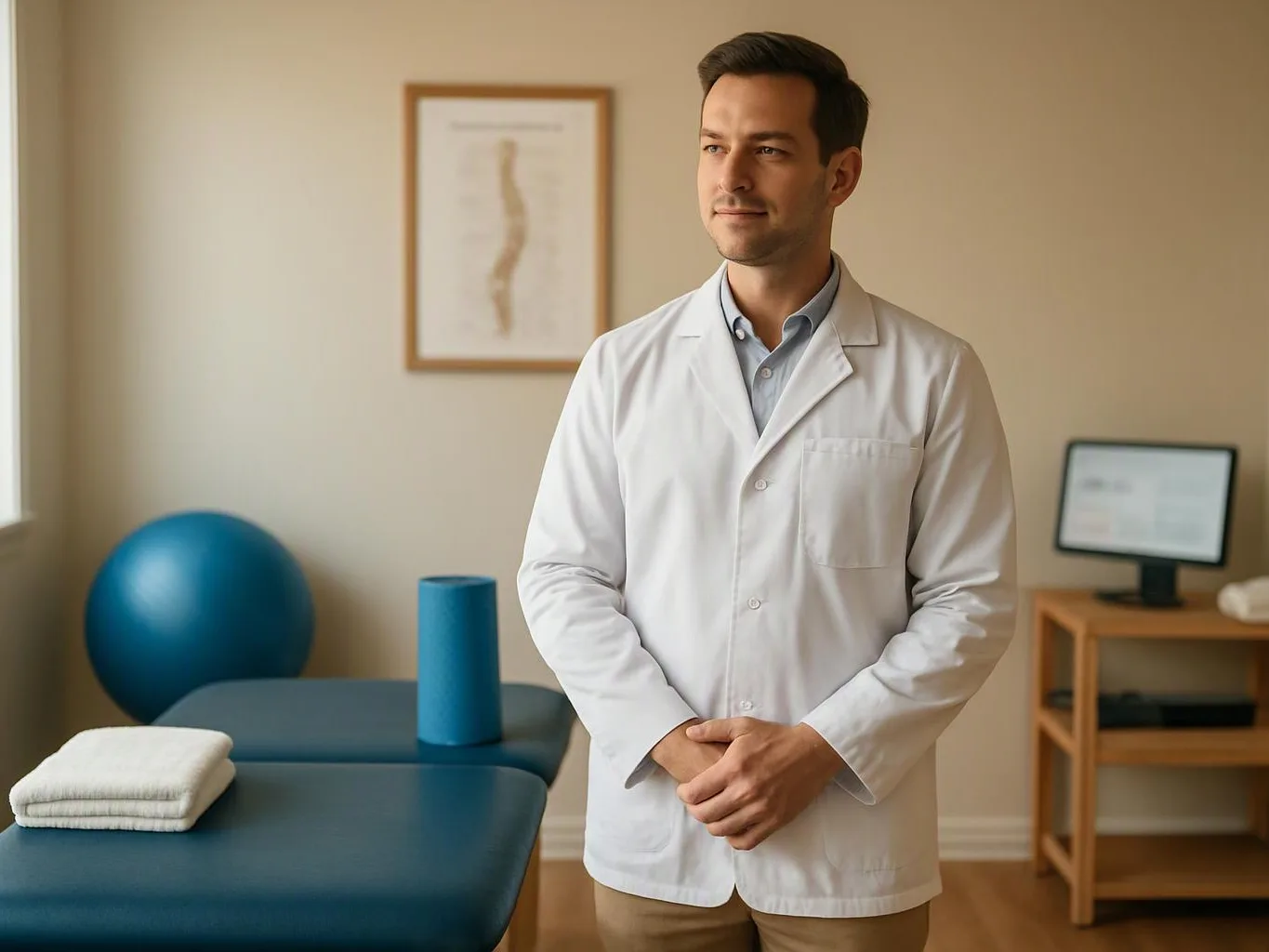 A man in a white lab coat stands beside a treatment table with exercise equipment in a bright room