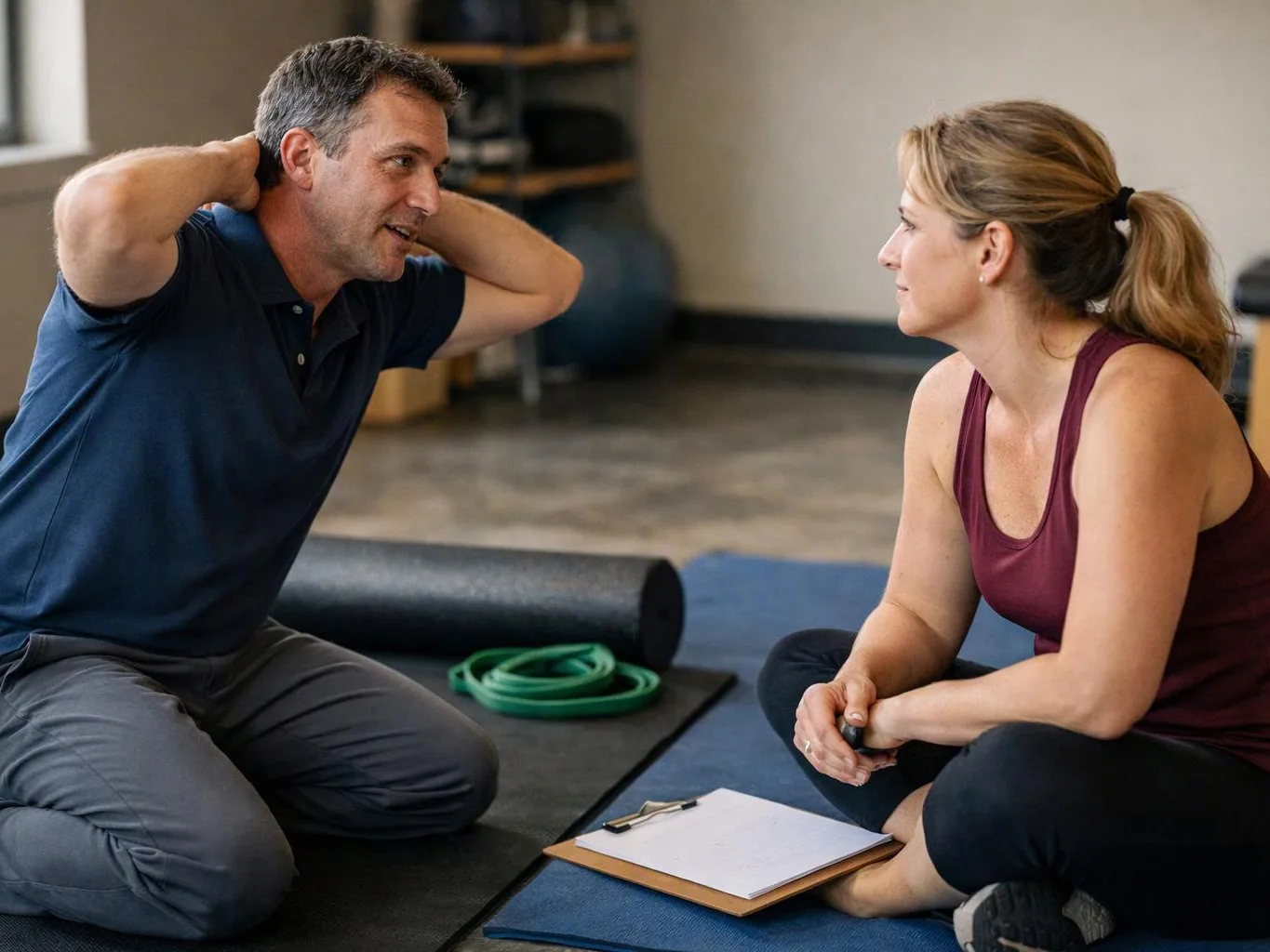A man and woman sit on exercise mats, talking in a gym with a clipboard, foam roller, and resistance band nearby