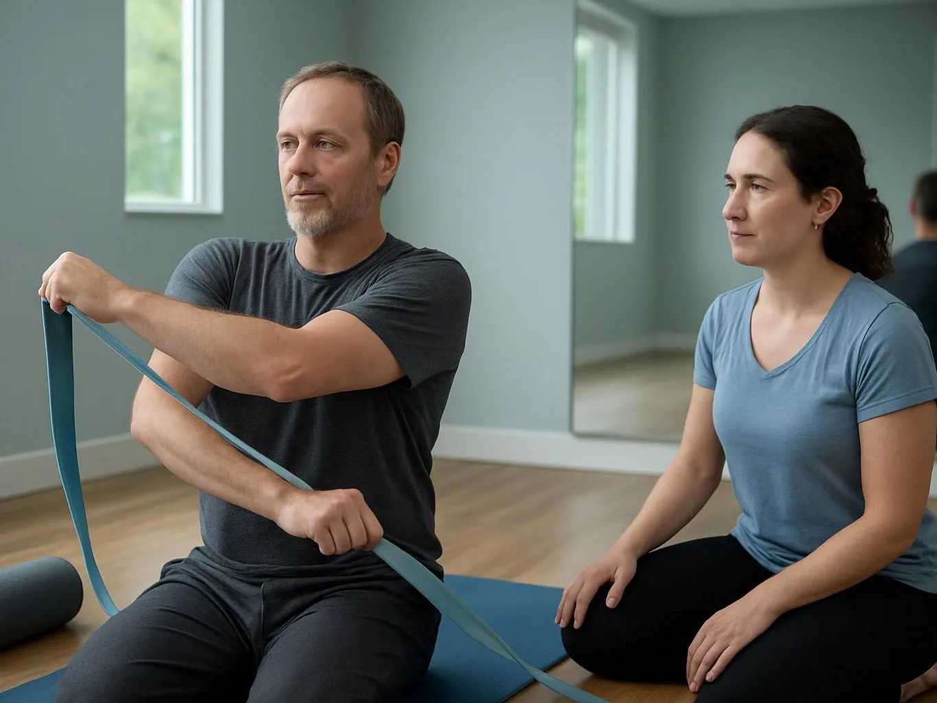 A man and woman sit on mats in a bright studio, stretching a blue resistance band
