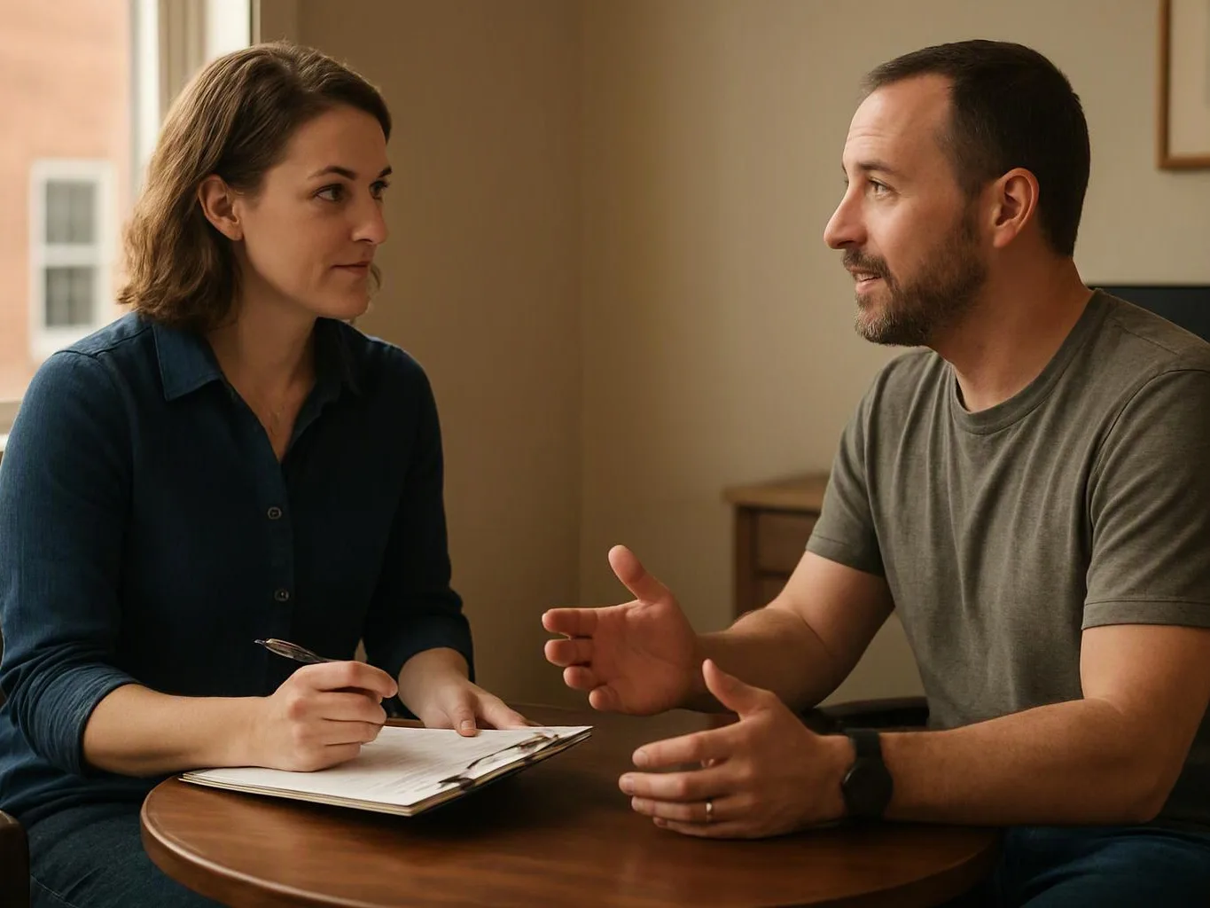 A man and woman sit at a small table, talking while she writes in a notebook indoors