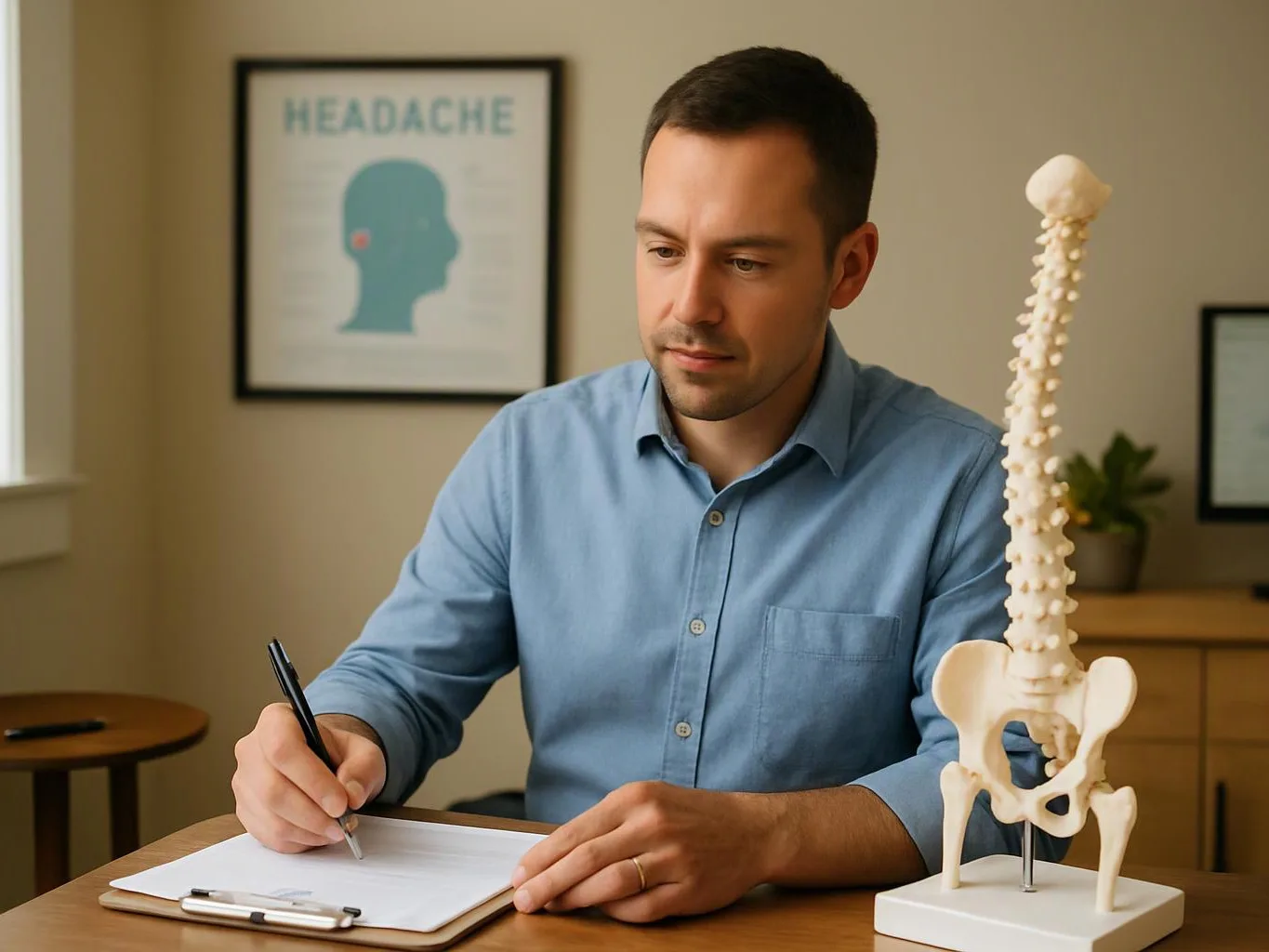 A man writes on a clipboard beside a spine model in a clinic office