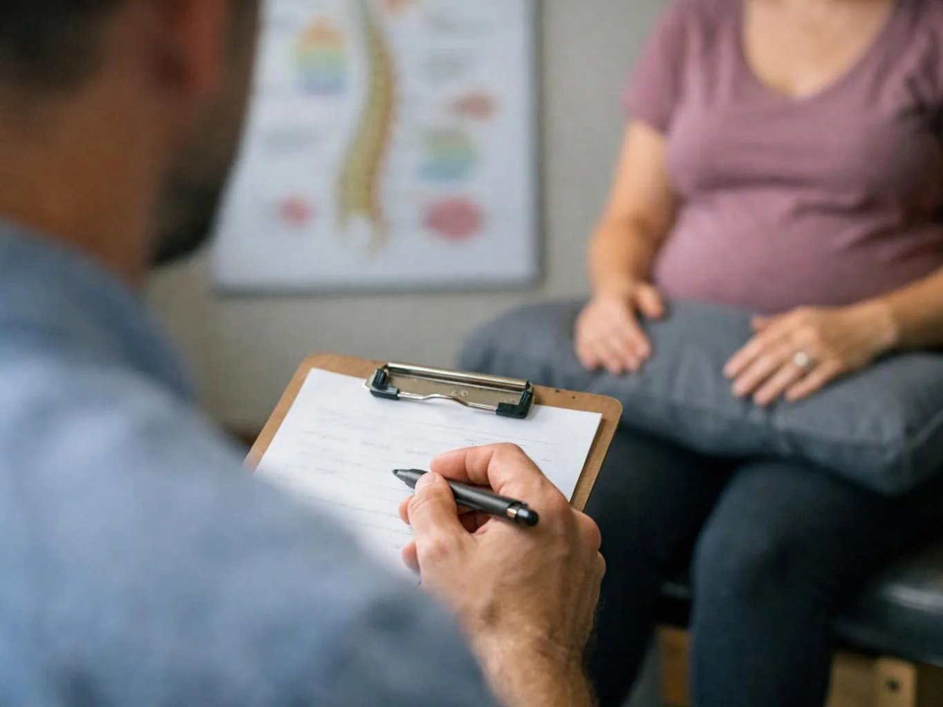 A man writes on a clipboard while a pregnant woman sits across from him in a clinic room