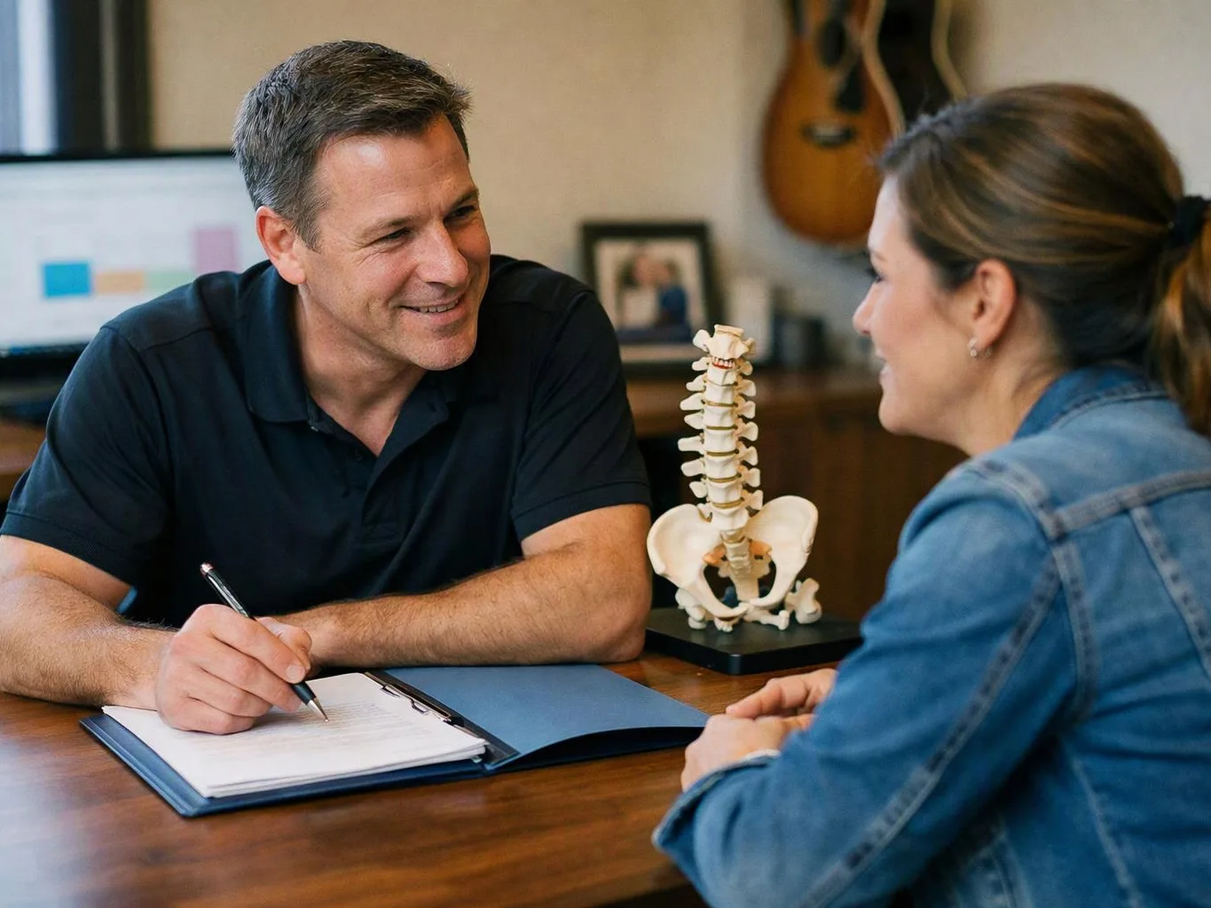A man writes on a clipboard while smiling at a woman across a desk with a spine model on it