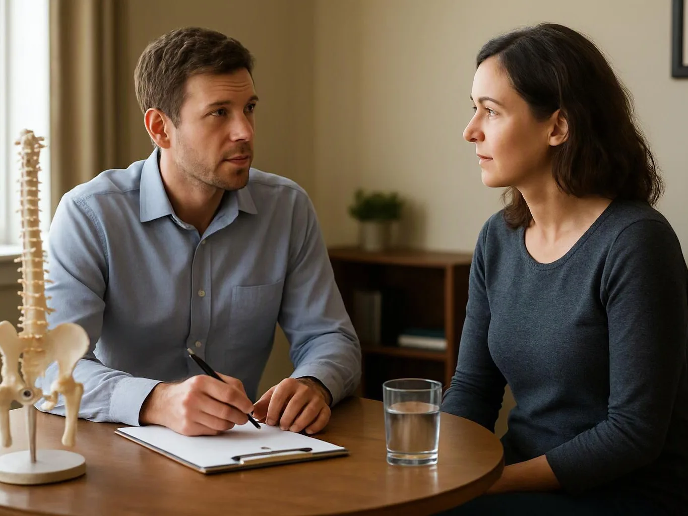 A man writes on a clipboard while speaking with a woman across a table, with a spine model and glass of water nearby