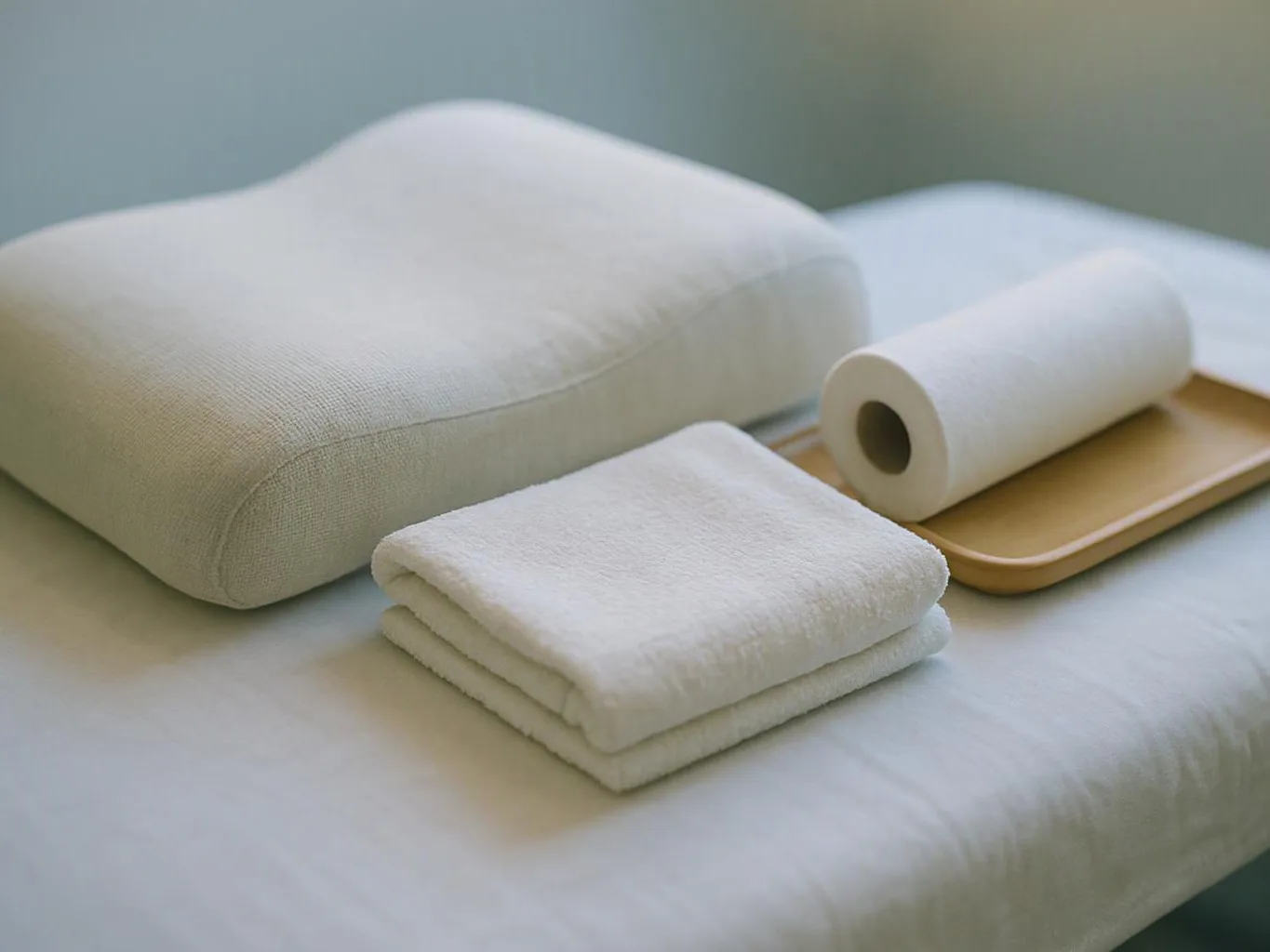 A massage table holds a folded towel, a bolster pillow, and a paper roll on a tray