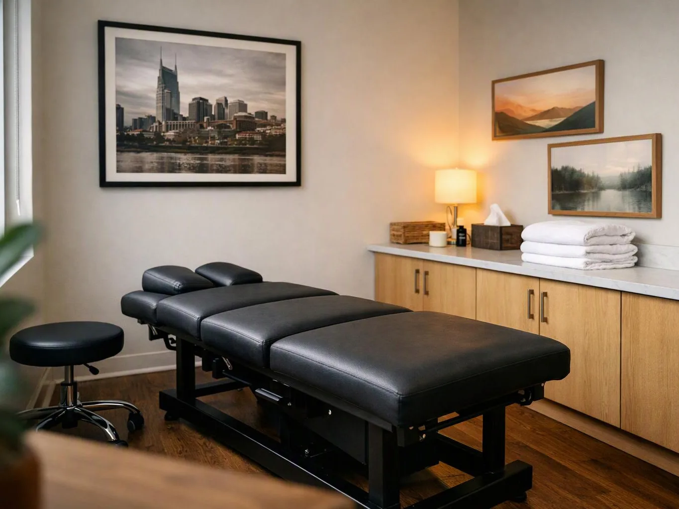 A massage table sits in a calm treatment room with framed photos, a lamp, and folded towels
