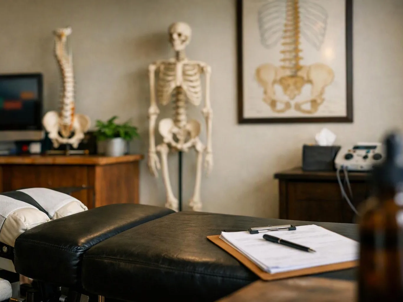 A massage table sits in a therapy room with skeleton models, a clipboard, and treatment equipment
