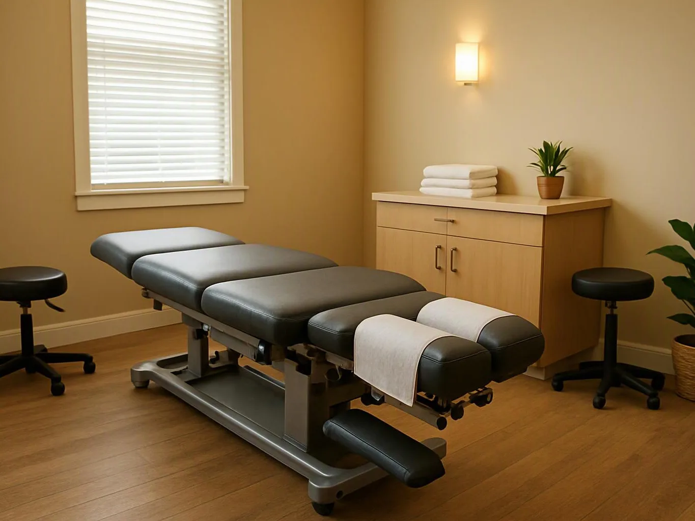 A massage table sits in a tidy treatment room with stools, towels, a cabinet, and a wall lamp