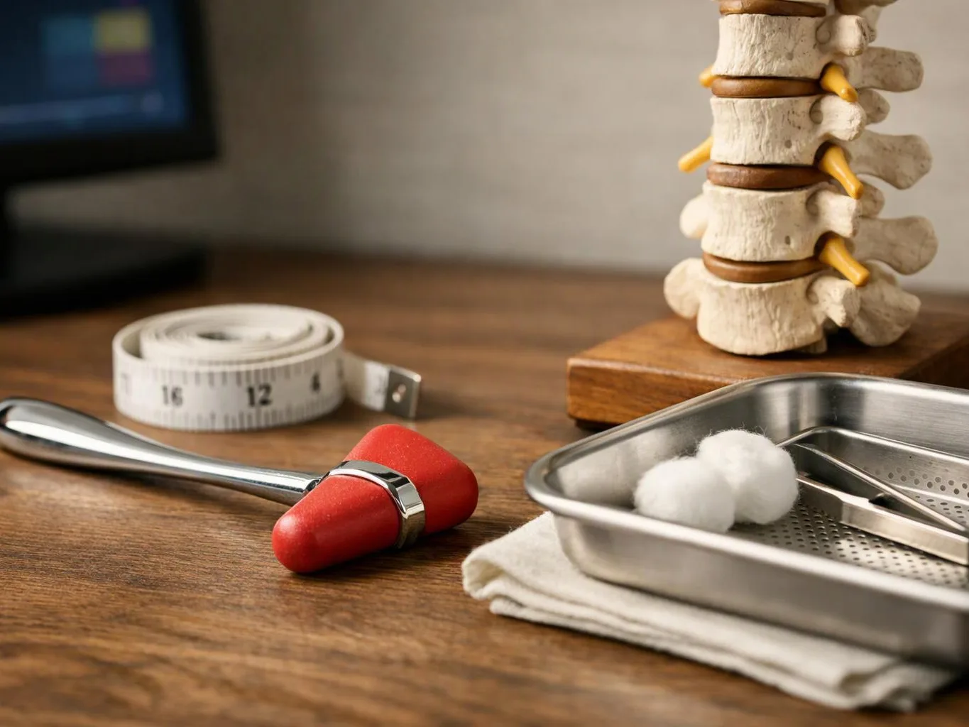 A medical exam setup shows a spine model, reflex hammer, measuring tape, cotton balls, and metal tray on a wooden desk