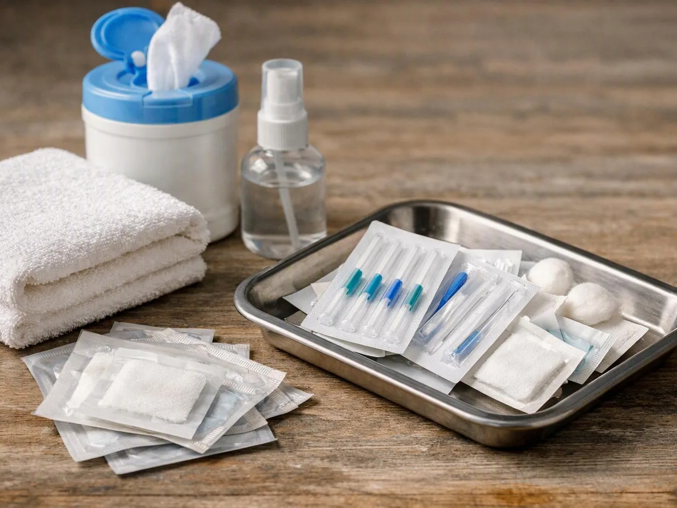 Medical supplies, cotton towels, wipes, and swabs sit neatly arranged on a wooden table