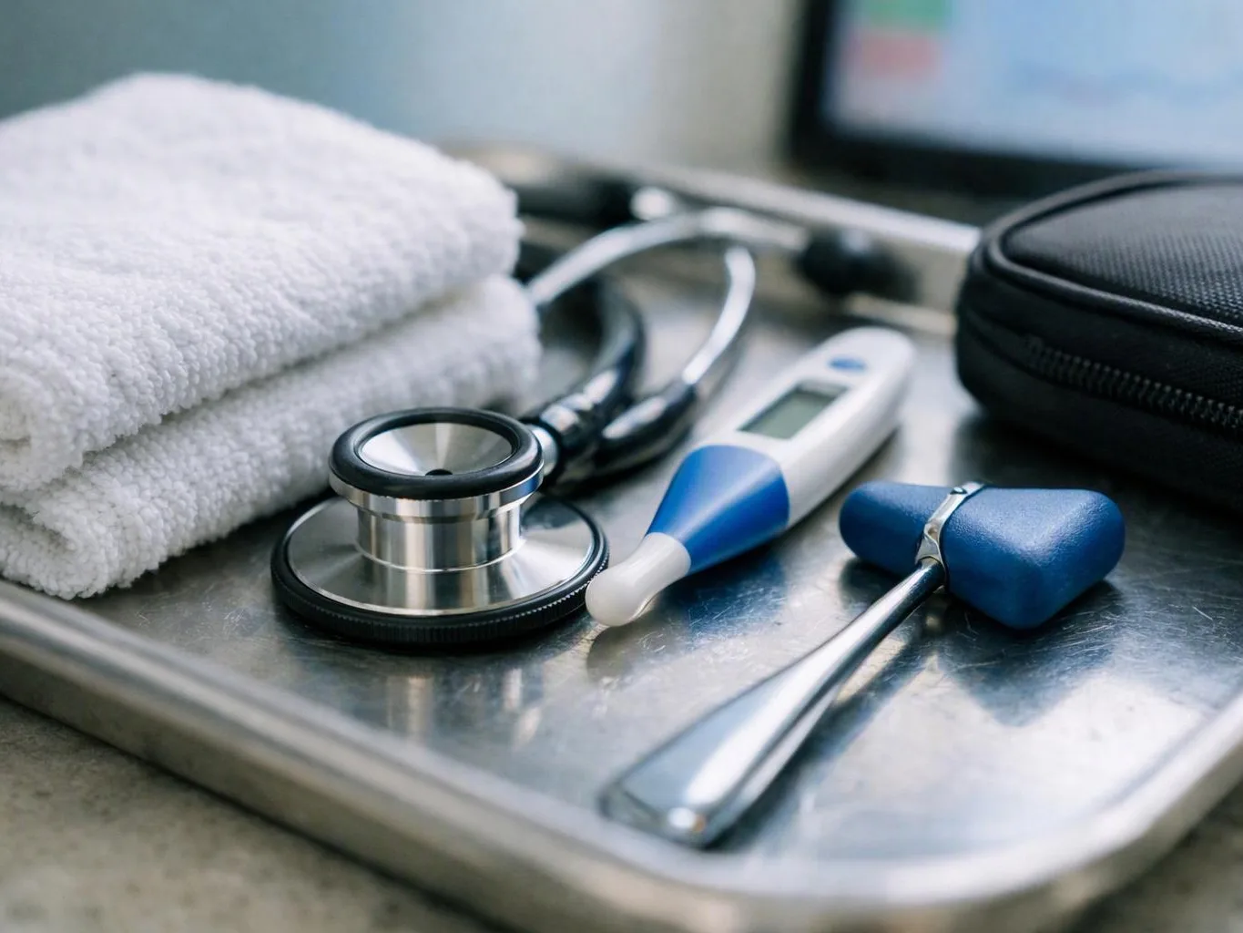 A metal tray holds a stethoscope, thermometer, reflex hammer, folded towels, and a black case