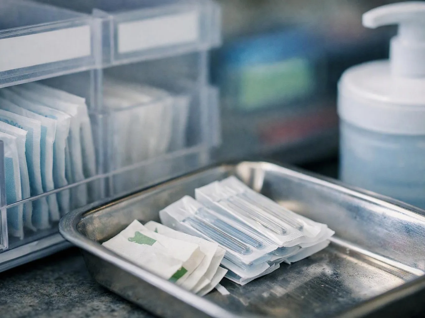 A metal tray holds wrapped medical supplies beside clear plastic organizers and a pump bottle on a counter