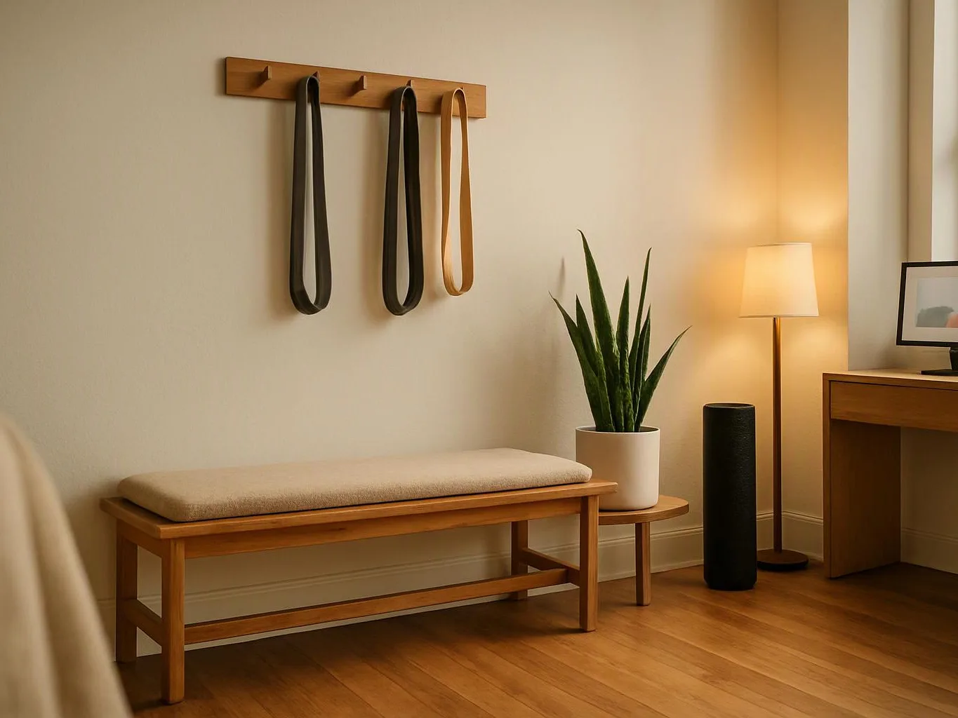 A minimalist room shows a wooden bench, wall hooks with straps, a potted plant, and a glowing floor lamp