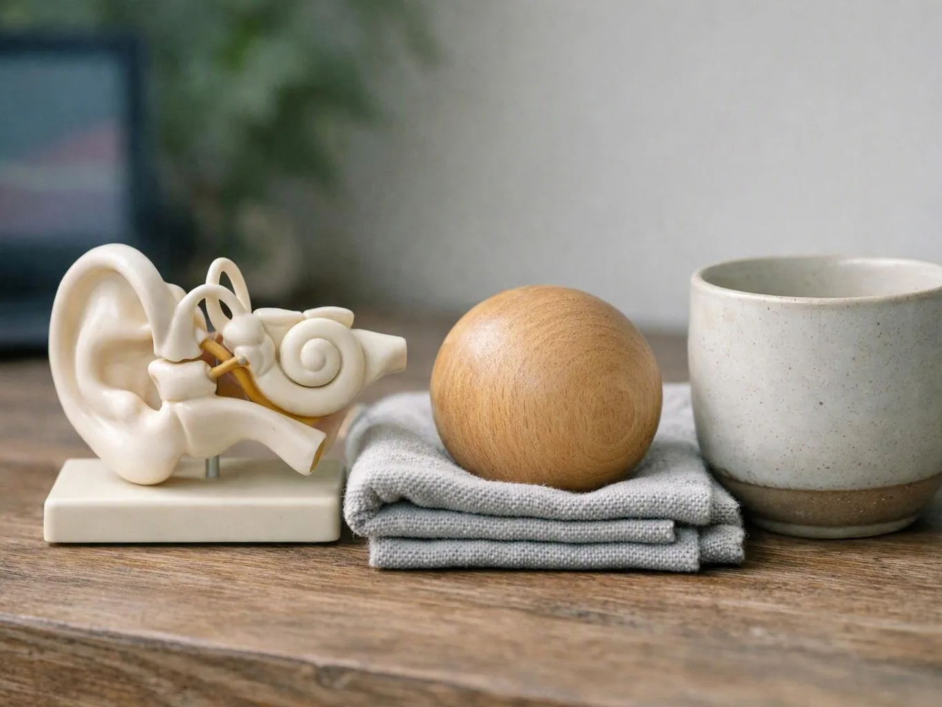 A model ear, wooden ball, folded cloth, and speckled cup sit on a wooden table