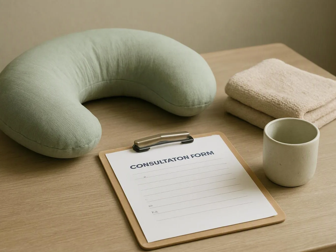 A neck pillow, folded towels, a mug, and a clipboard with a consultation form sit on a wooden table