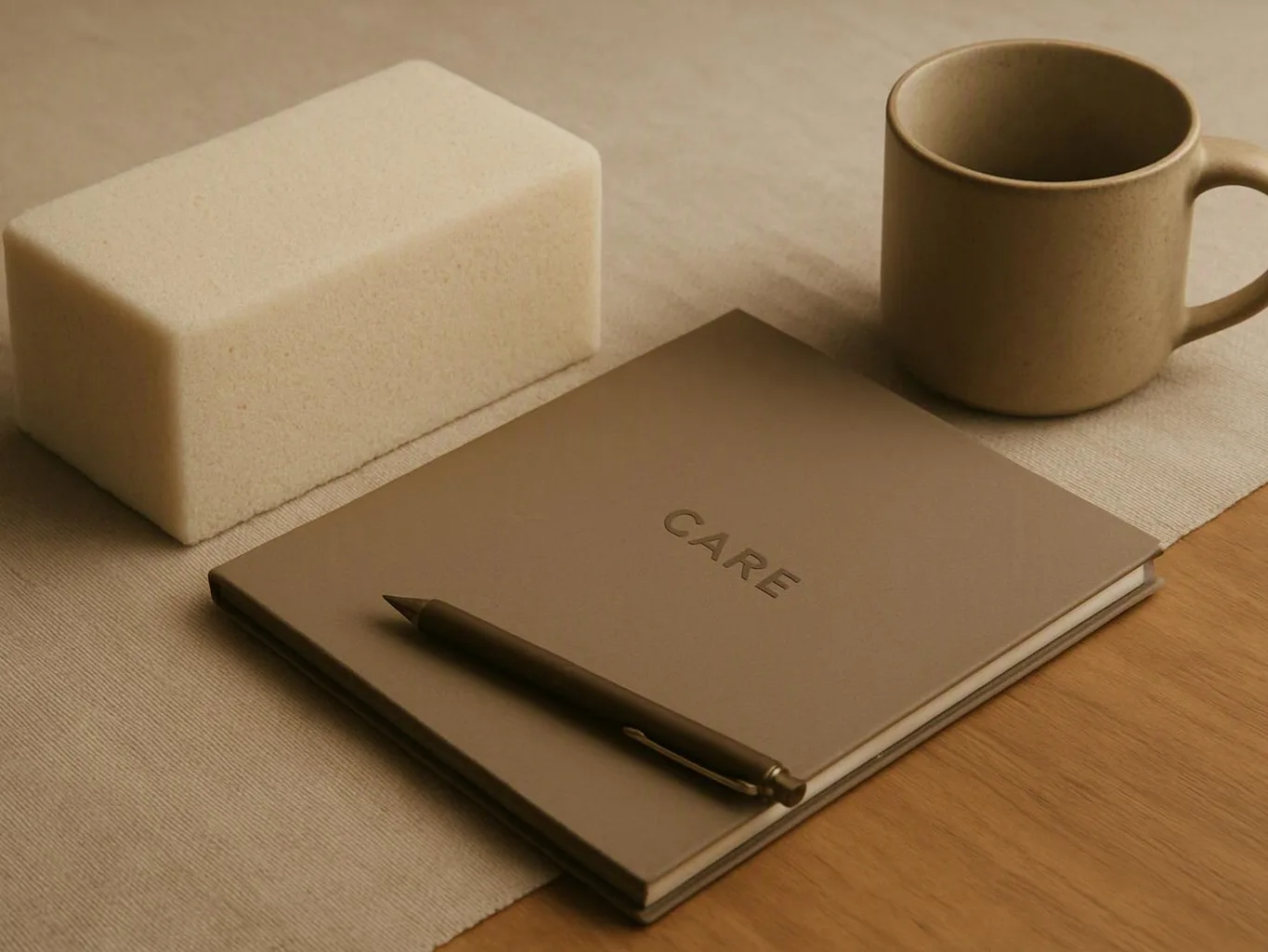 A notebook, pen, mug, and white block sit on a beige cloth beside a wooden table