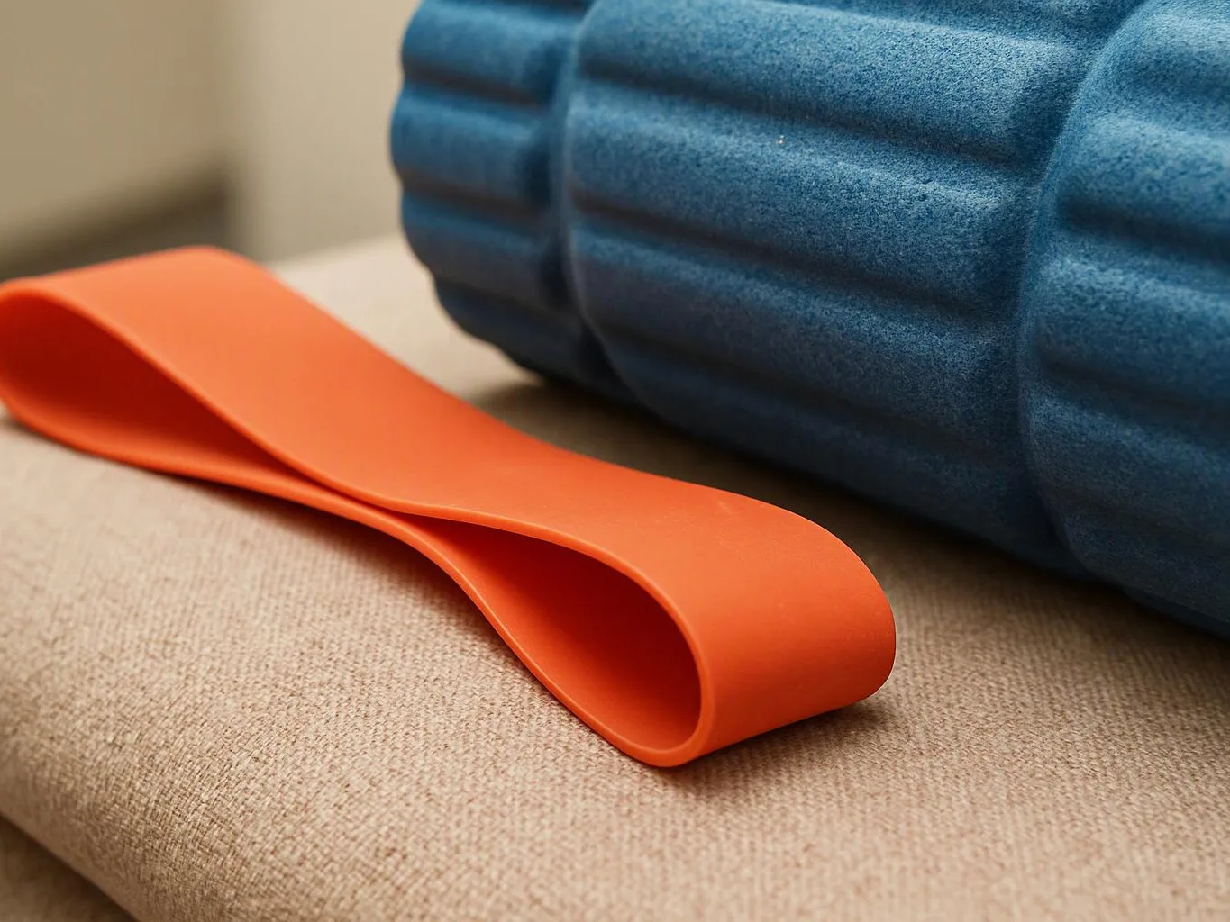 An orange resistance band lies on a beige mat beside a blue foam roller