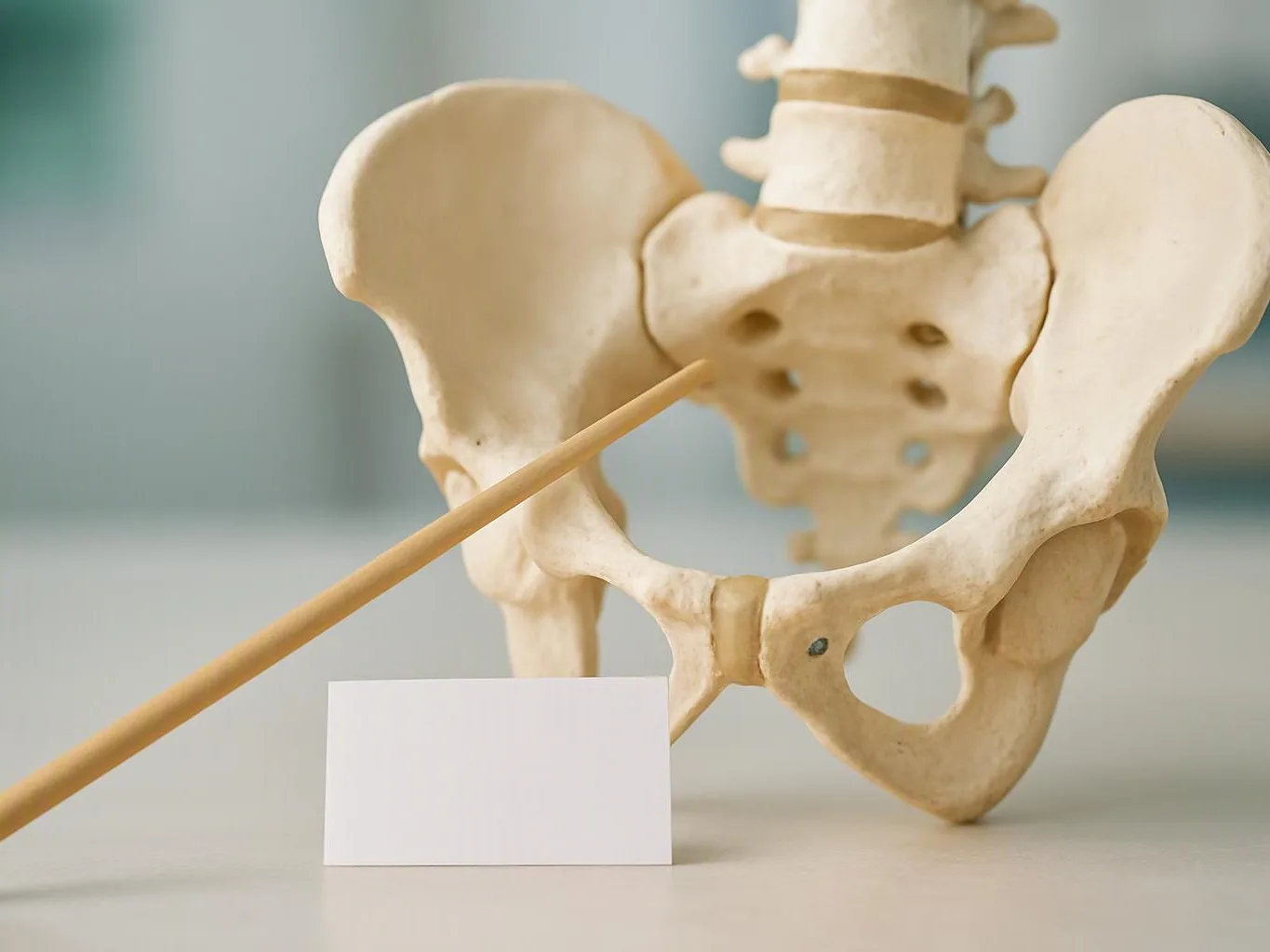 A pelvis bone model sits beside a pointing stick and a blank white card on a table