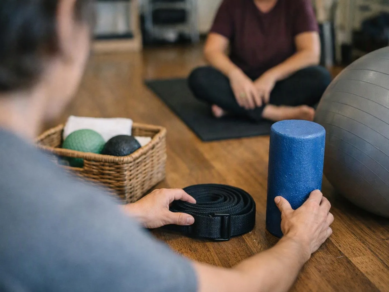 A person arranges a yoga strap and foam roller on a wooden floor beside exercise props and a seated learner