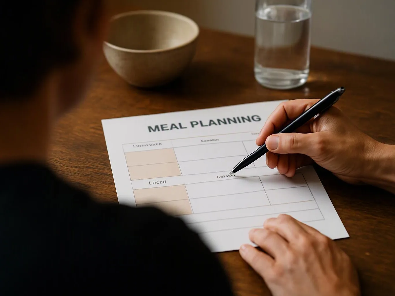 A person fills out a meal planning sheet at a wooden table beside a bowl and glass of water