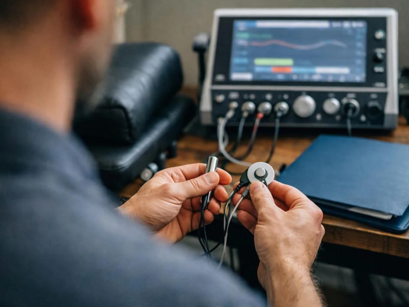 A person holds connected medical sensor leads beside a monitor displaying waveforms on a desk