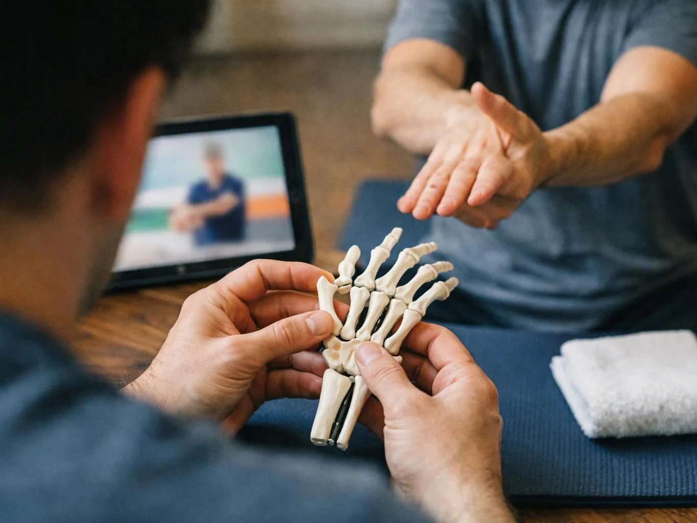 A person holds a small hand bone model while another reaches out across a table in a therapy setting