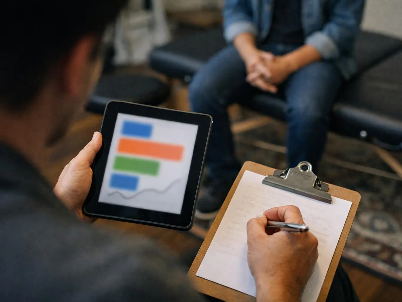 A person holds a tablet with a simple chart while writing on a clipboard during a seated interview session