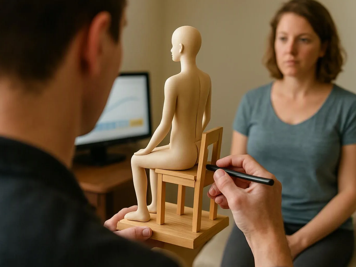 A person holds a wooden body model on a chair while another person sits nearby in a room
