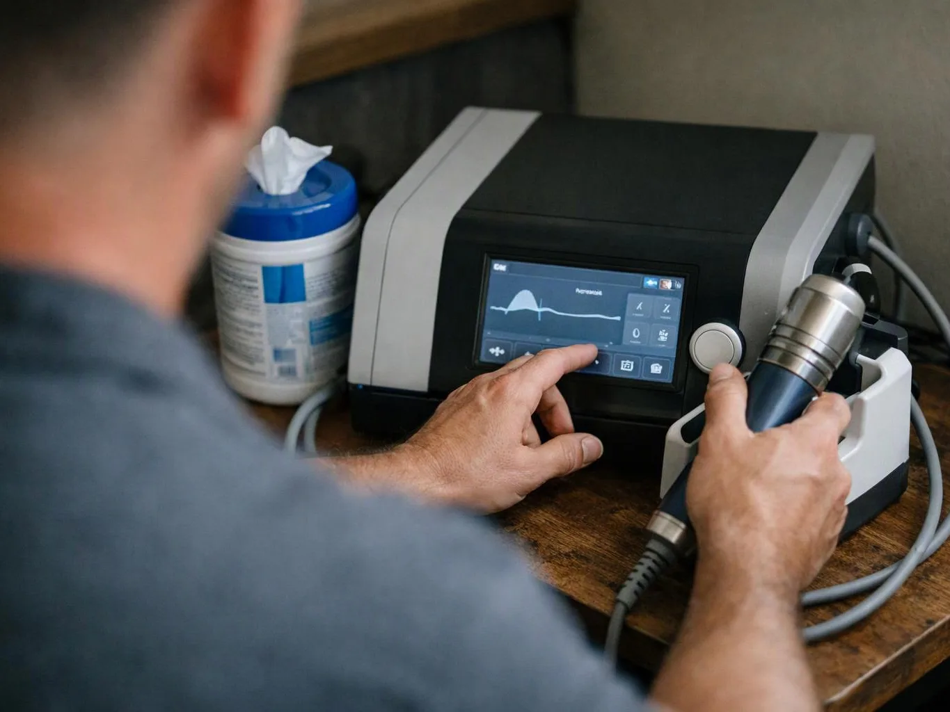 A person operates a medical device with a touchscreen while holding a handheld probe on a wooden table
