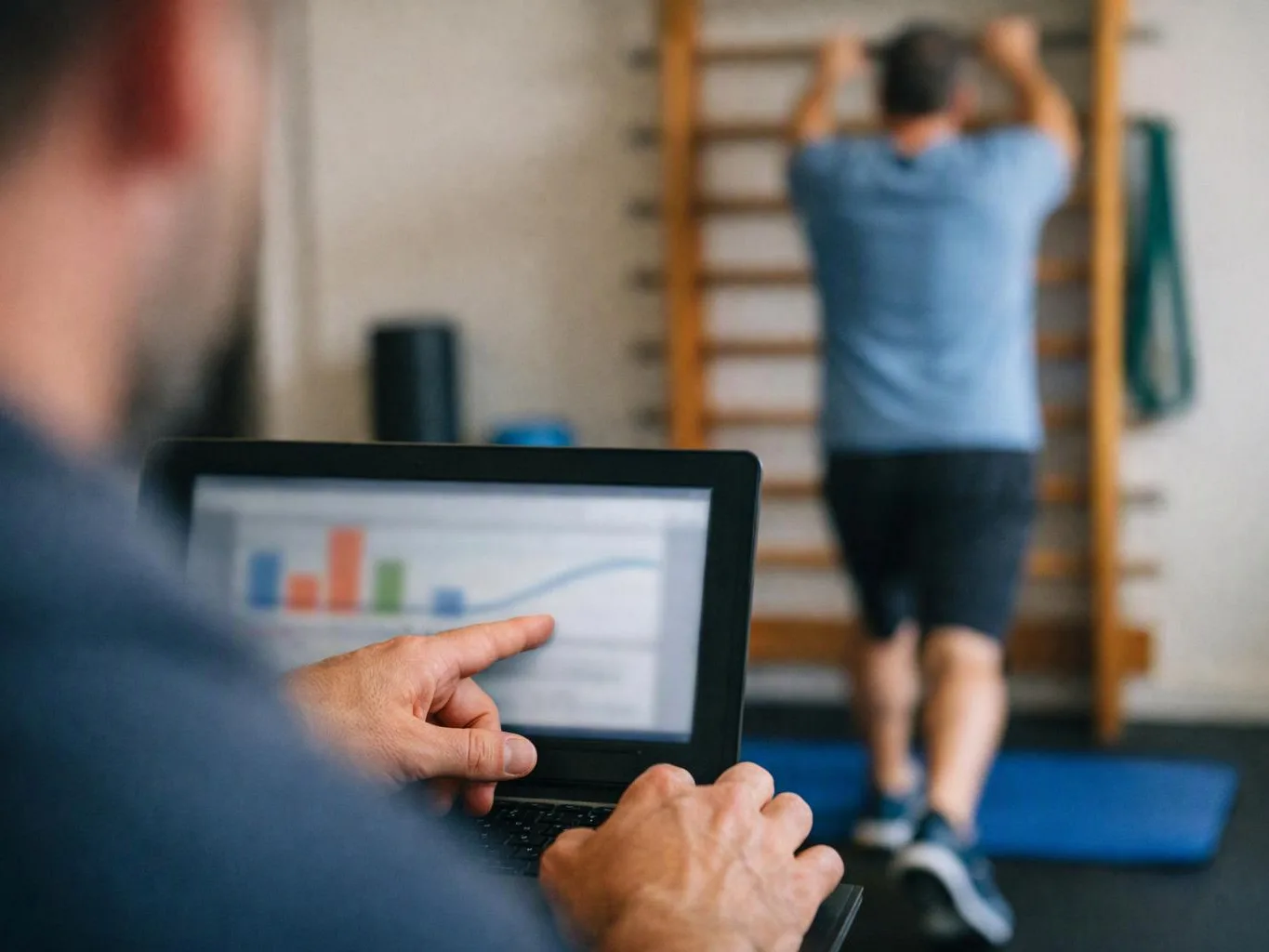 A person points at a laptop chart while another person does pull-ups in a gym with exercise bars