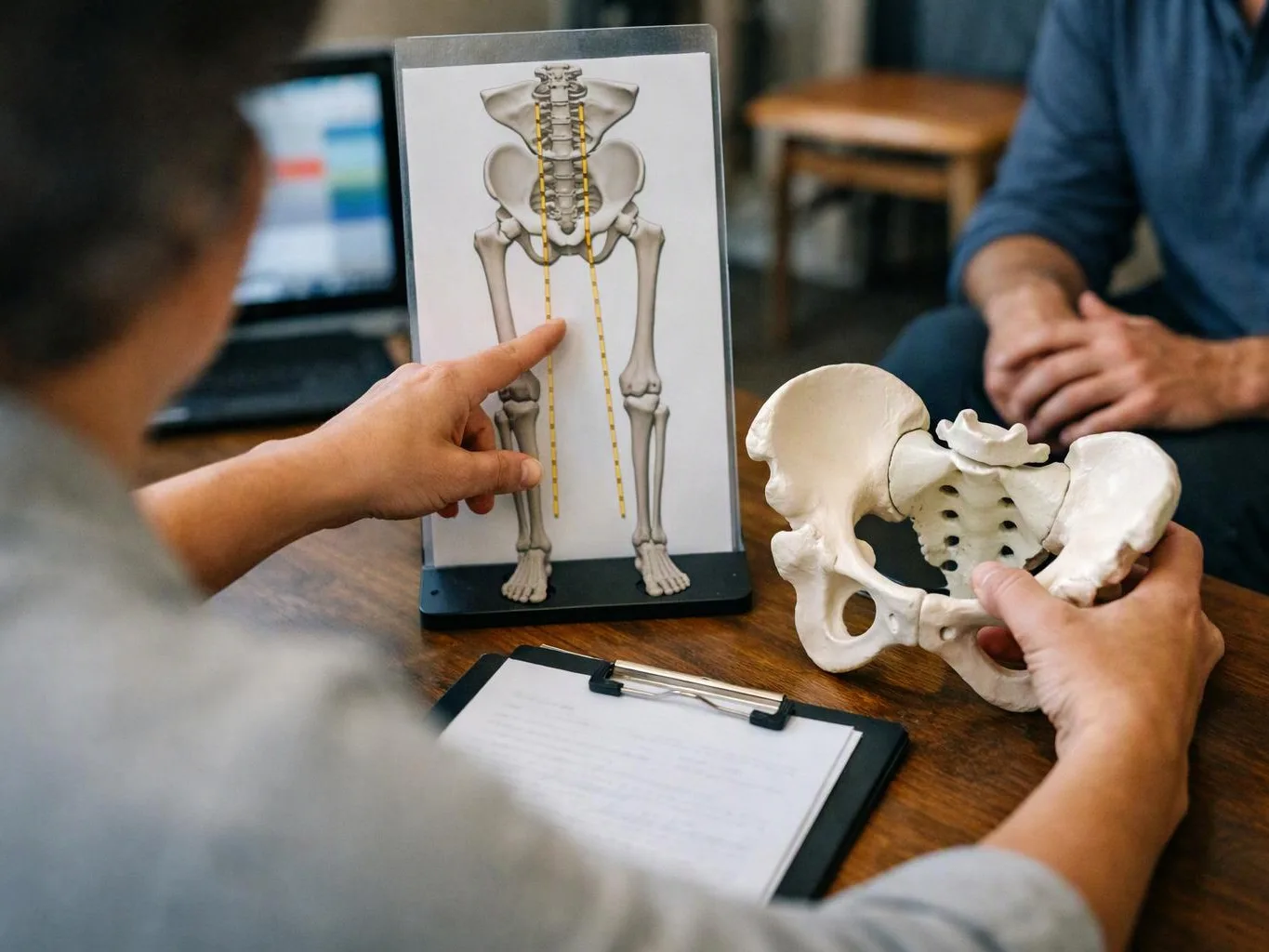 A person points at a pelvis model and skeleton chart during a tabletop anatomy lesson