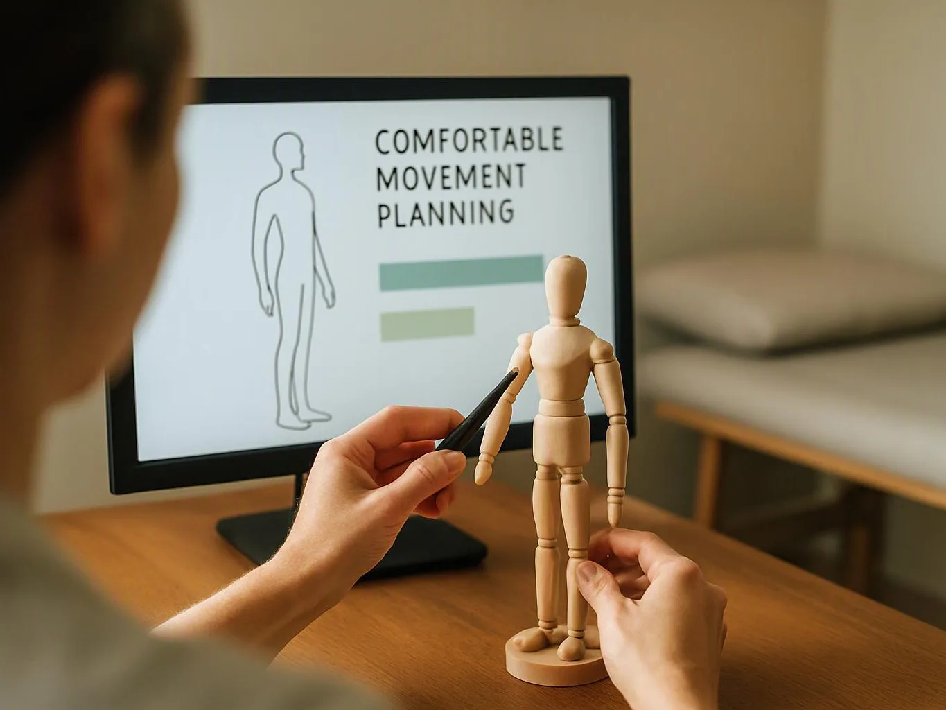 A person points a pen at a wooden mannequin beside a monitor showing “COMFORTABLE MOVEMENT PLANNING”