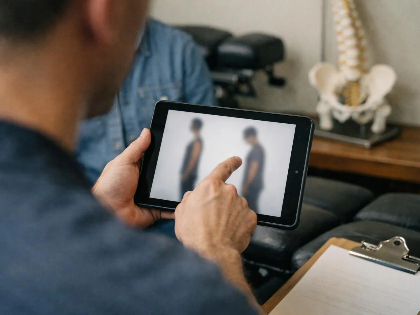 A person points at a tablet showing two blurred standing figures in an office-like room