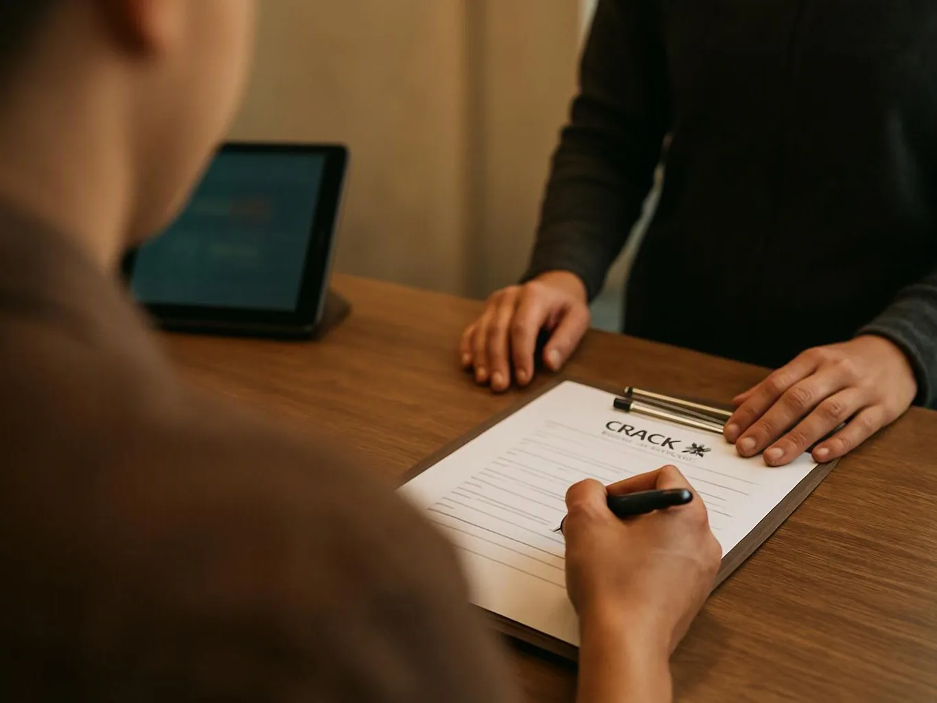 A person signs a form on a clipboard across a wooden table while another person watches, with a tablet nearby