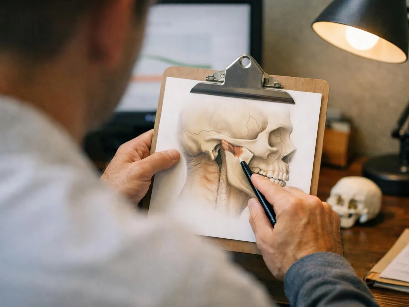 A person sketches a human skull on a clipboard beside a desk lamp and small model skull