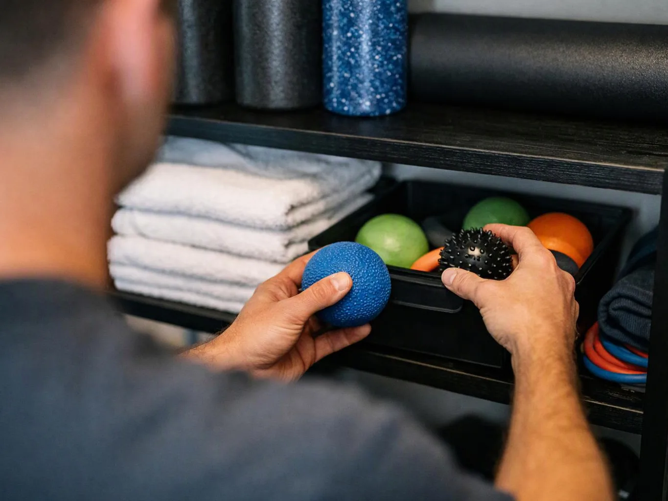 A person sorts colorful textured exercise balls in a black shelf beside folded towels and rollers