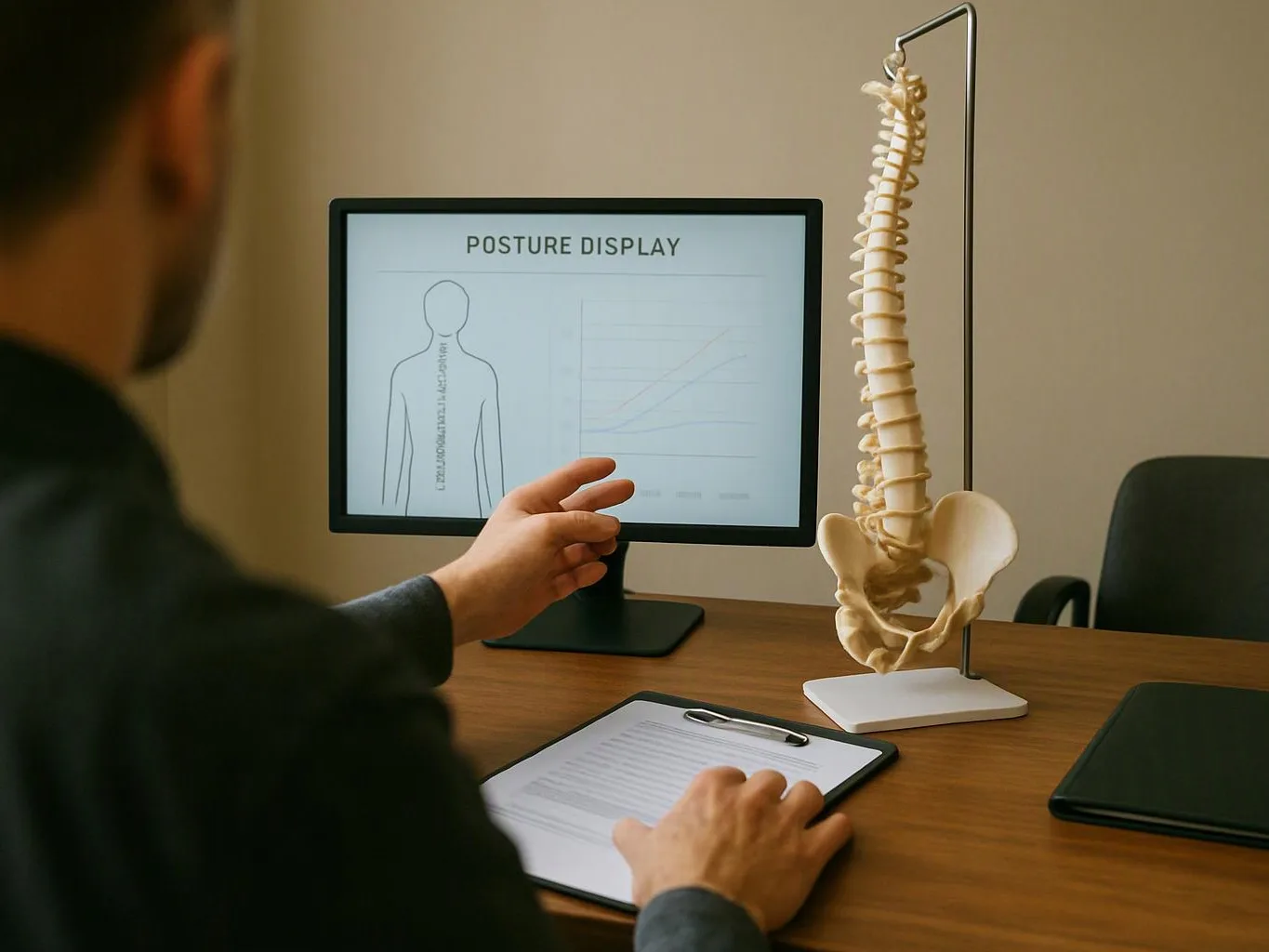 A person studies a posture monitor beside a spine model on a desk in a quiet office