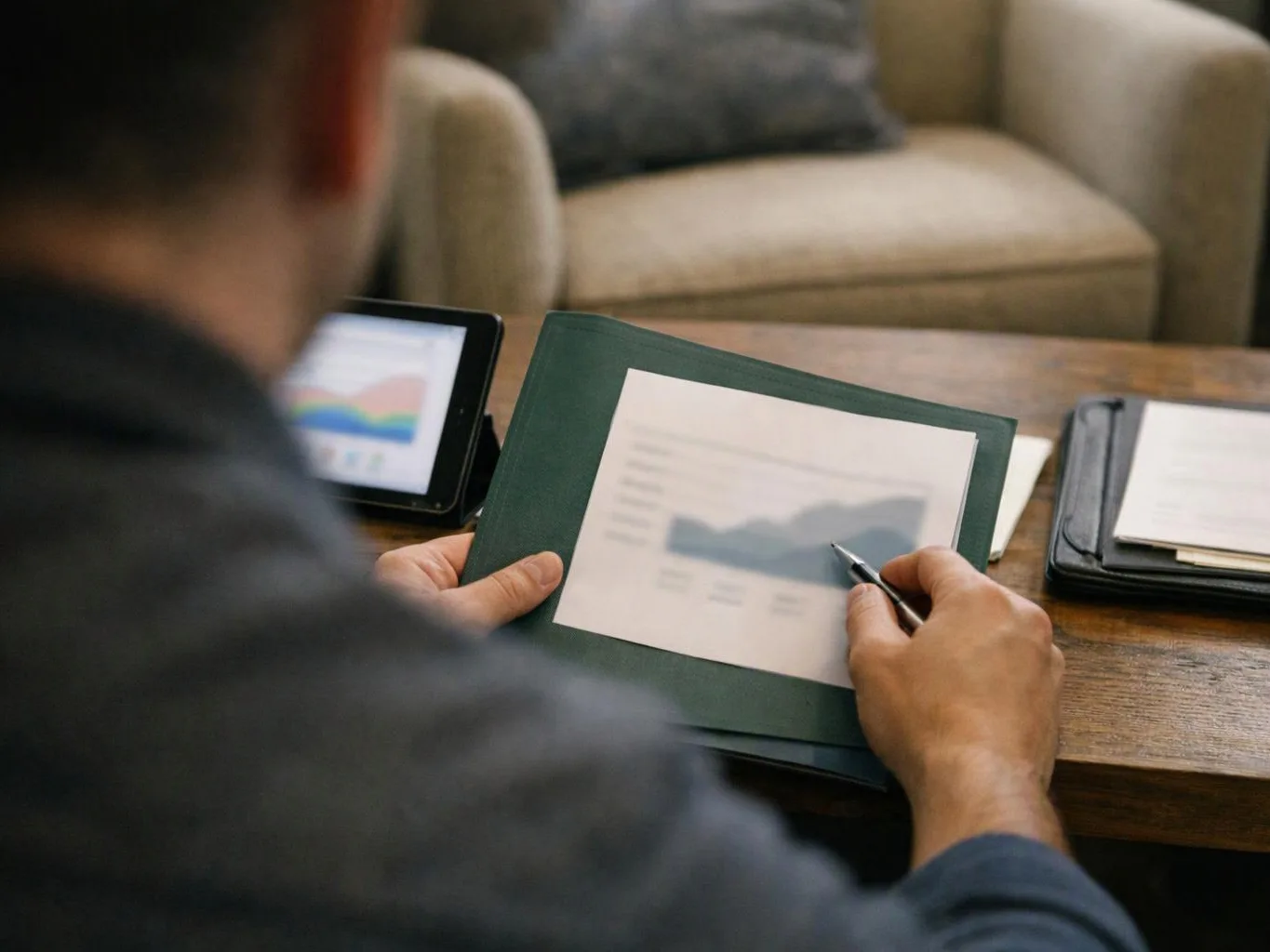 A person studies a printed chart with a pen at a wooden table, with a tablet and sofa behind them