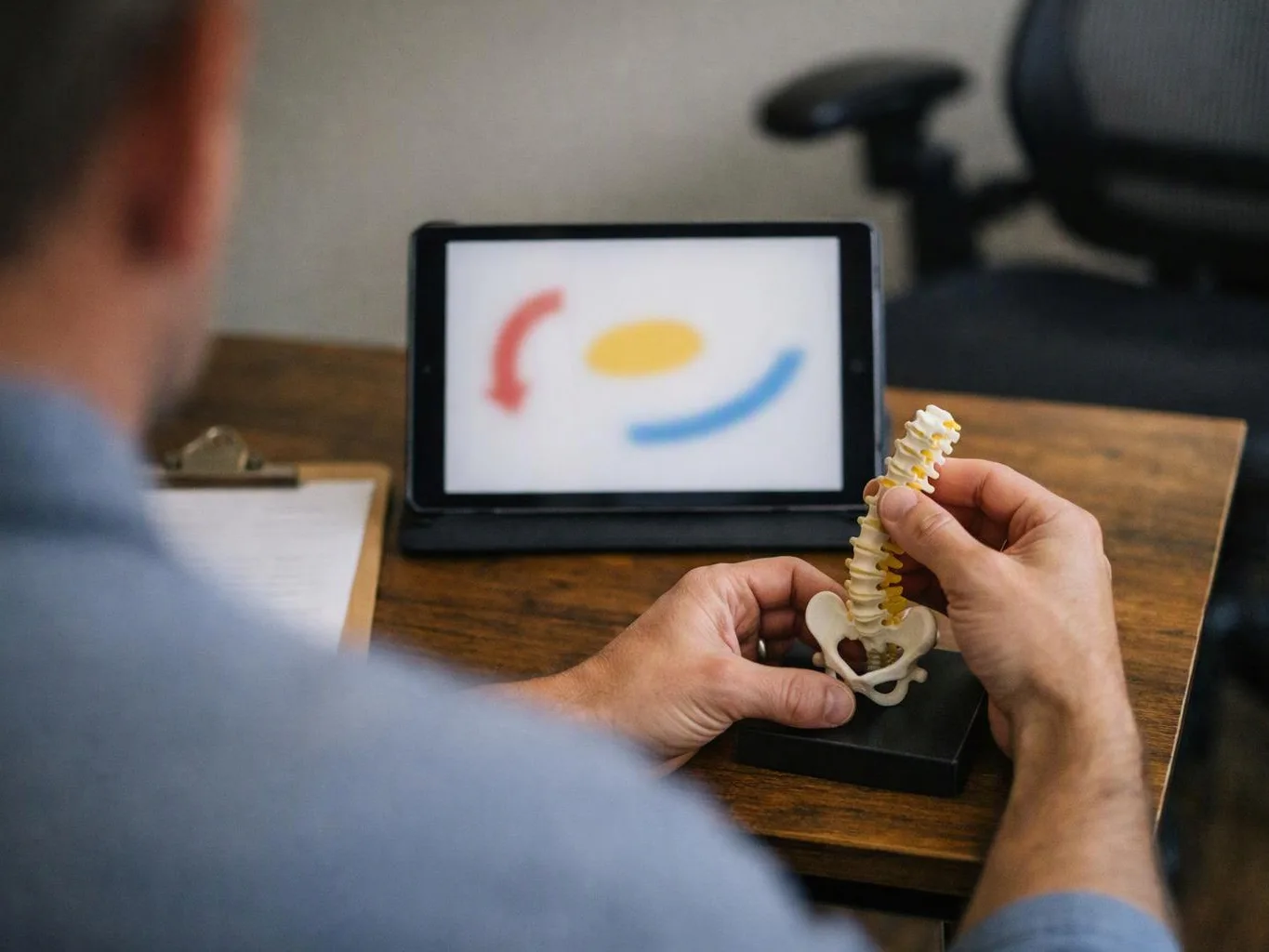 A person studies a spine model at a desk, with a blurred tablet and office chair behind them