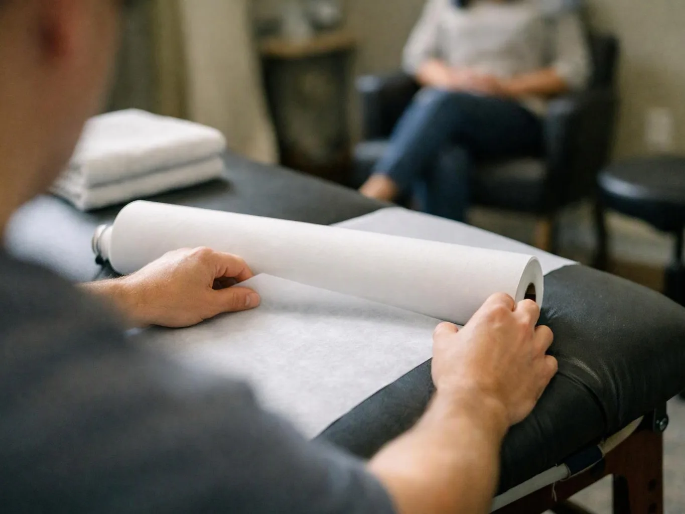 A person unrolls white paper on a padded treatment table, with a seated patient blurred in the background