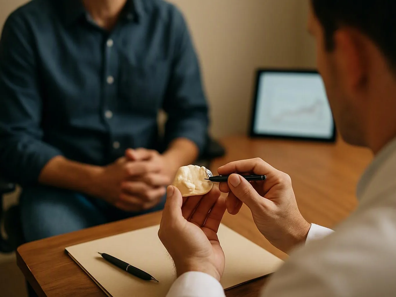 A person in a white coat examines a dental mold with a pen while another person sits across the desk